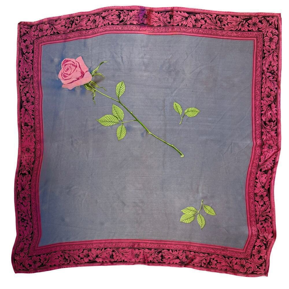 VTG 1950s "A Rose" Silk Charmeuse Scarf 30" Square Gorgeous Pink & Gray
